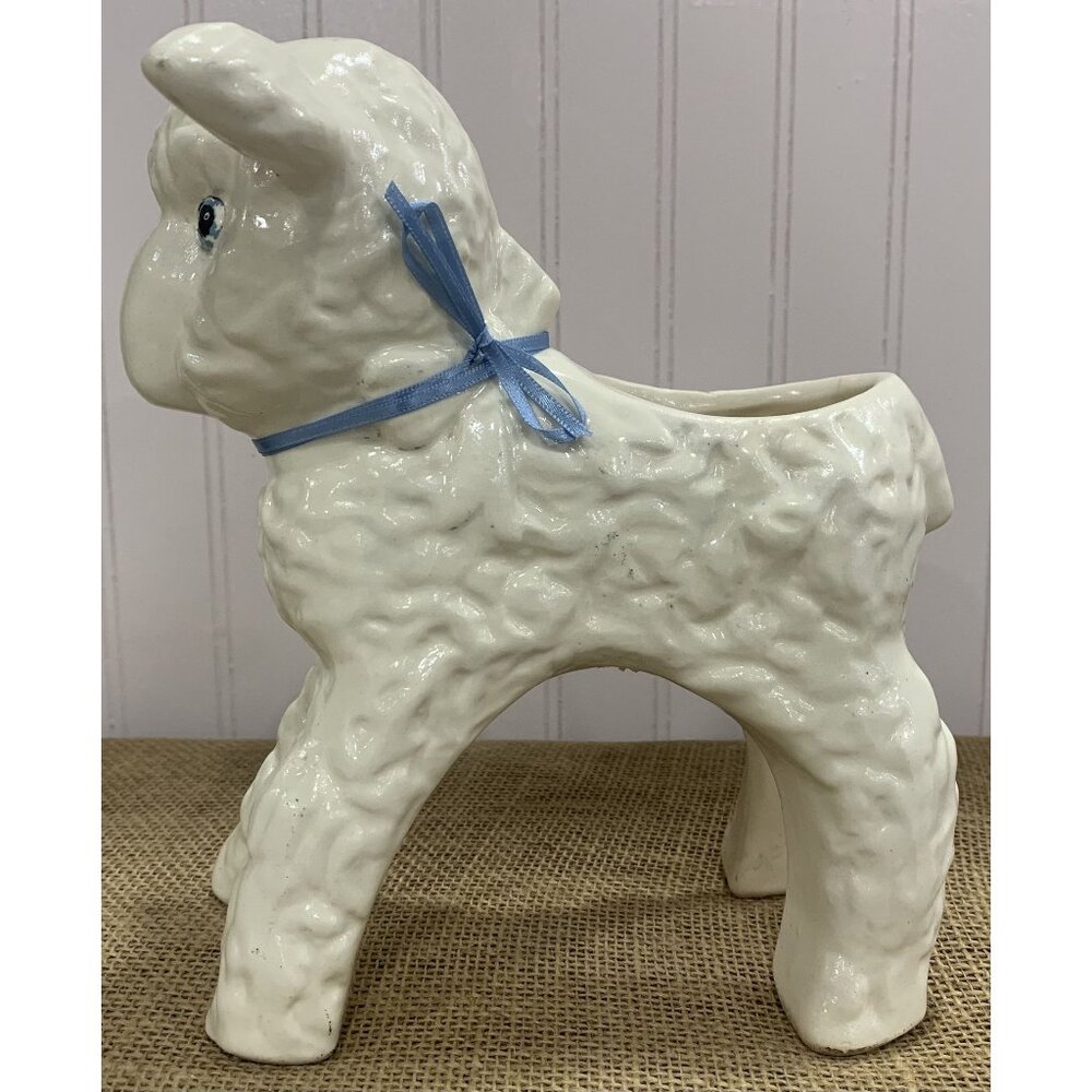 Vintage Ceramic Lamb Planter With Blue Bow & Pink Ears